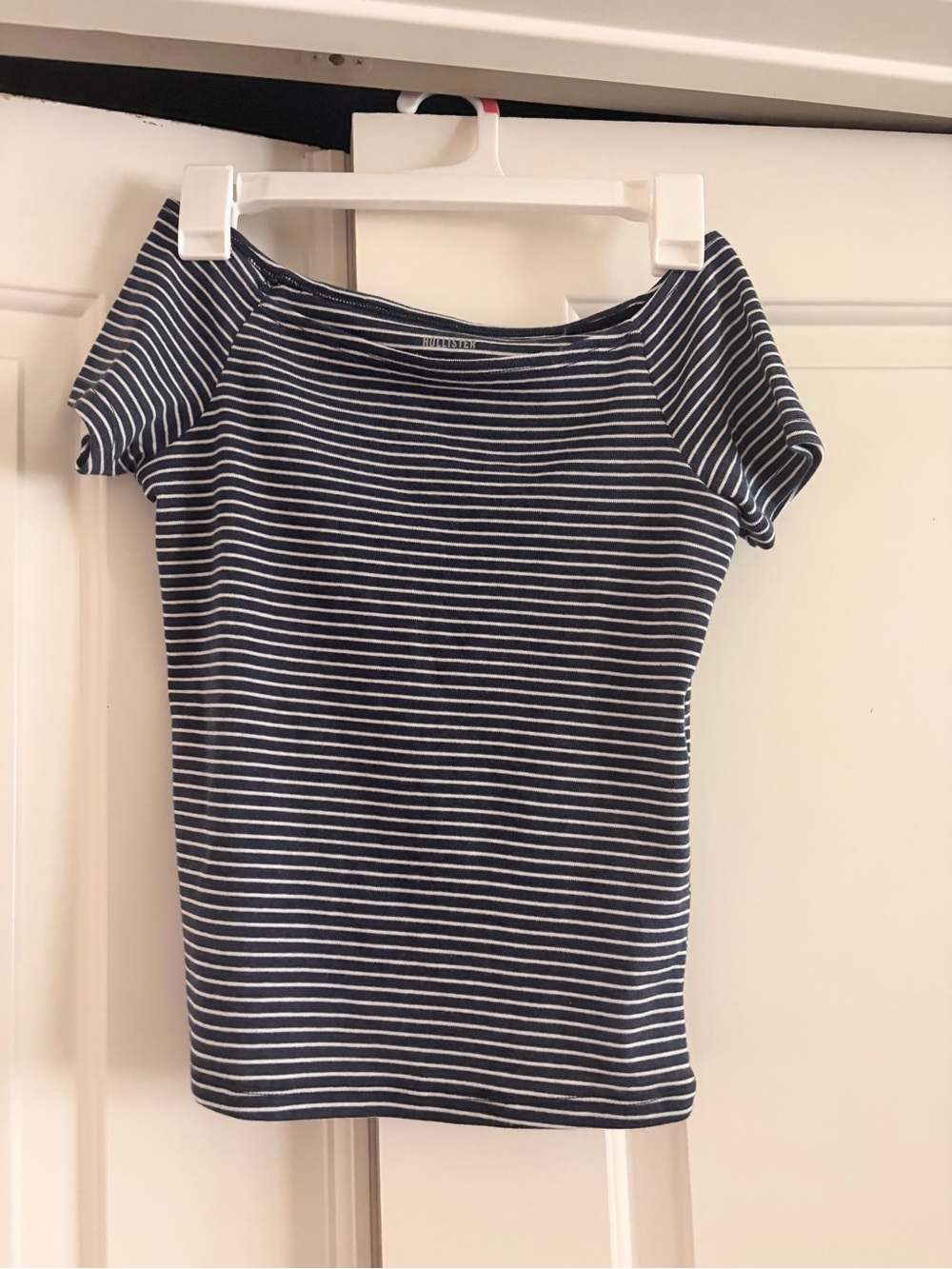 Women's Navy & White Striped Off-Shoulder Crop Top